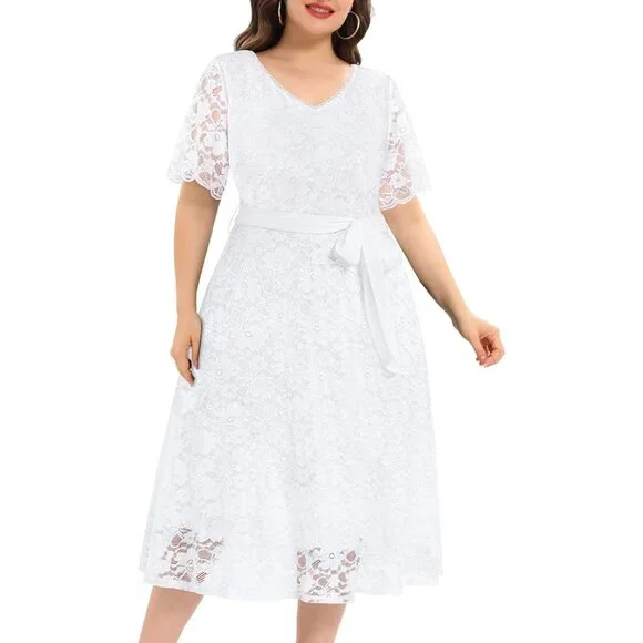 Women Plus Size Floral Lace Midi Dress V Neck Short Sleeve Formal Event Women Plus Size Floral Lace Midi Dress V Neck Short Sleeve Formal Event